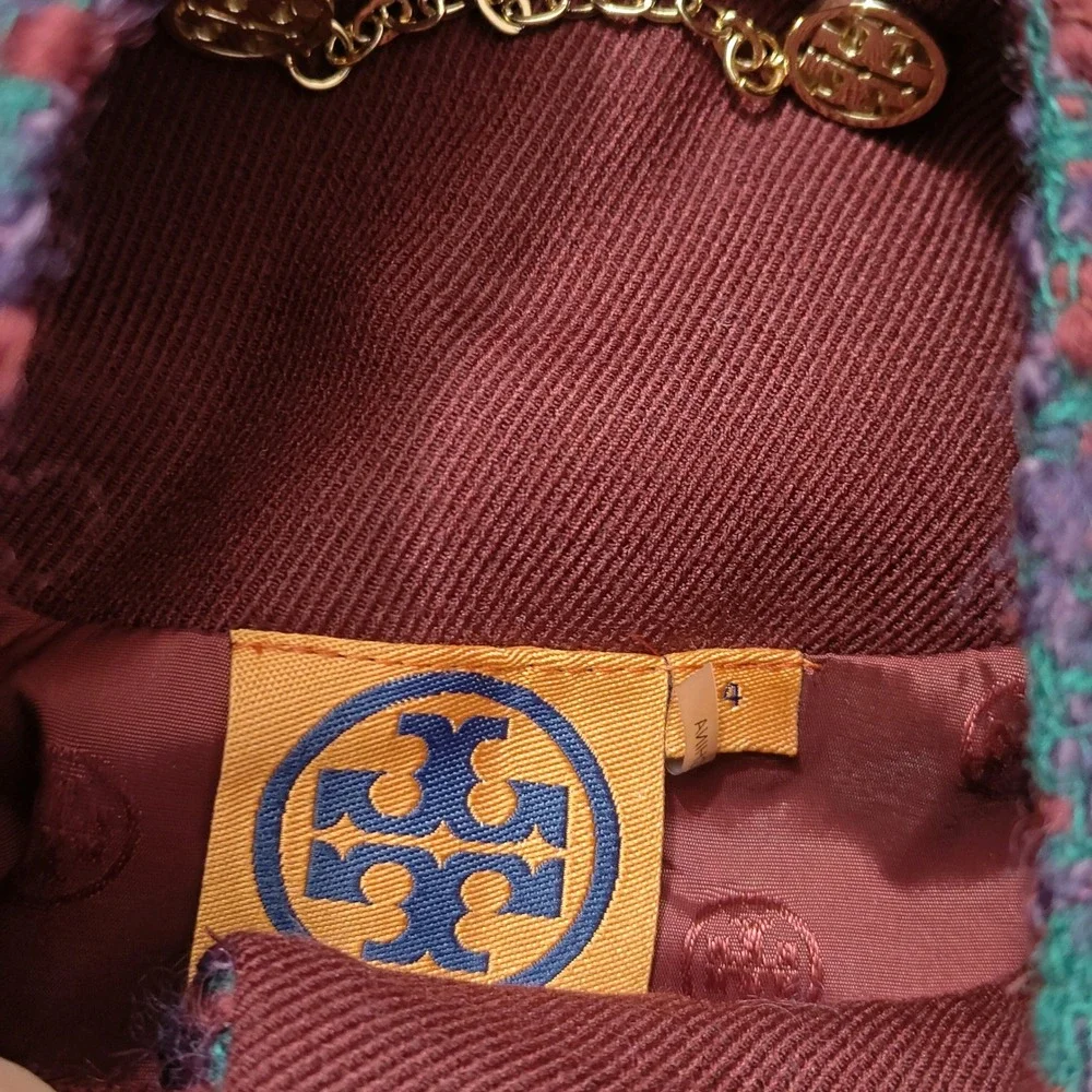 Tory Burch Burgundy Teal Tweed Frayed Trim Military Jacket Size‎ 4 Logo Buttons